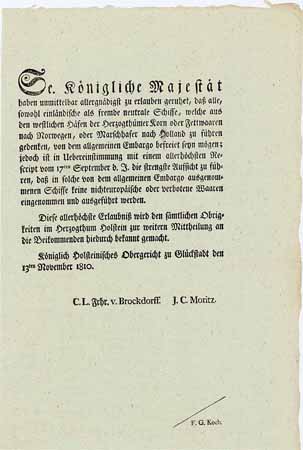 C. L. Freiherr von Brockdorff, Bekanntmachung zur Embargoverfügung