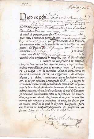 Kaufvertrag und Eigentumsurkunde über einen “ungezähmten” Neger der Marquise Torreblanca