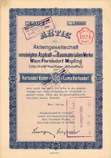 AG der vereinigten Asphalt- und Baumaterialien-Werke Wien-Florisdorf-Wopfing (Otto Grafe's Nachfolger - N. Scheffel)