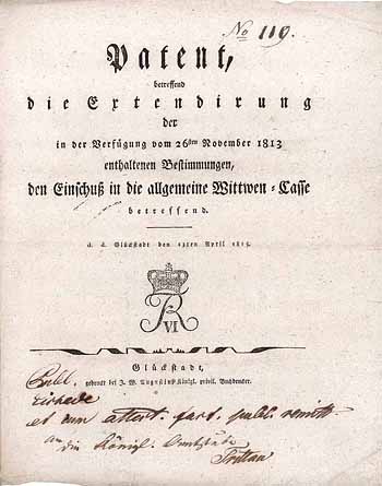 C. L. Freiherr von Brockdorff, Patent betreffend die Extendirung der in der Verfügung vom 26. November 1813 enthaltenen Bestimmungen,...