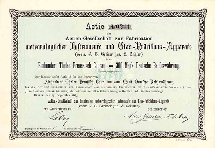 AG zur Fabrication meteorologischer Instrumente und Glas-Präcisions-Apparate (vorm. J.G. Greiner jun. & Geissler)