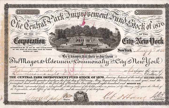 Central Park Improvement Fund Stock of 1876, City of New York