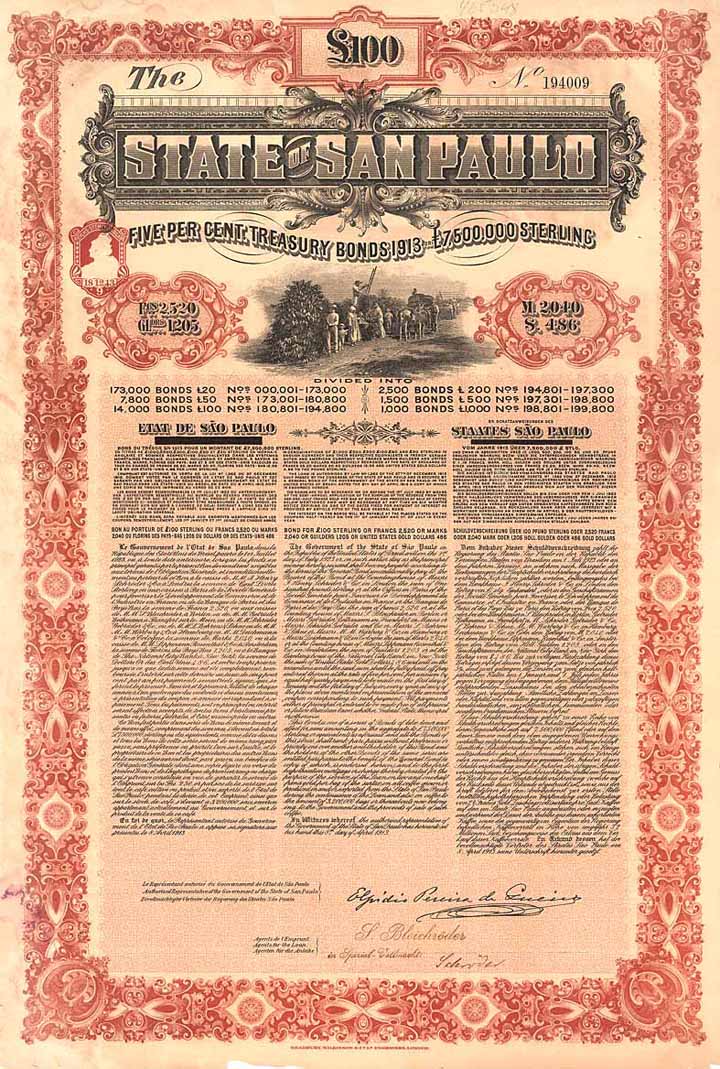 State of San Paulo 5 % Treasury Bonds 1913