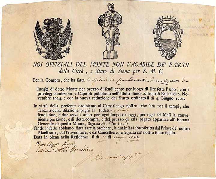 Monte non Vacabile de Paschi della Città, e Stato di Siena per S.A.R.