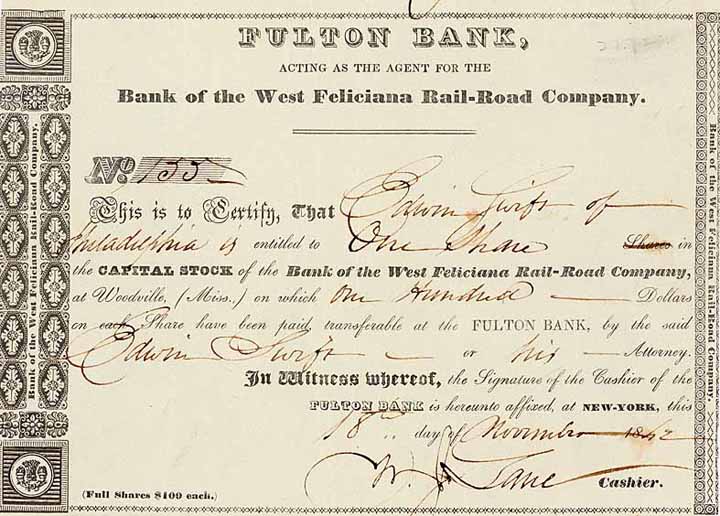 Bank of the West Feliciana Rail-Road Company (Fulton Bank acting as agent)