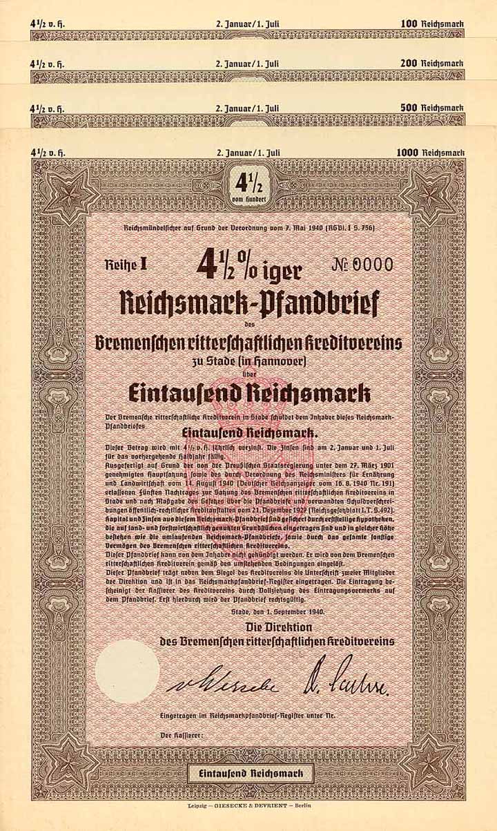 Bremenscher ritterschaftlicher Kreditverein (4 Stücke)