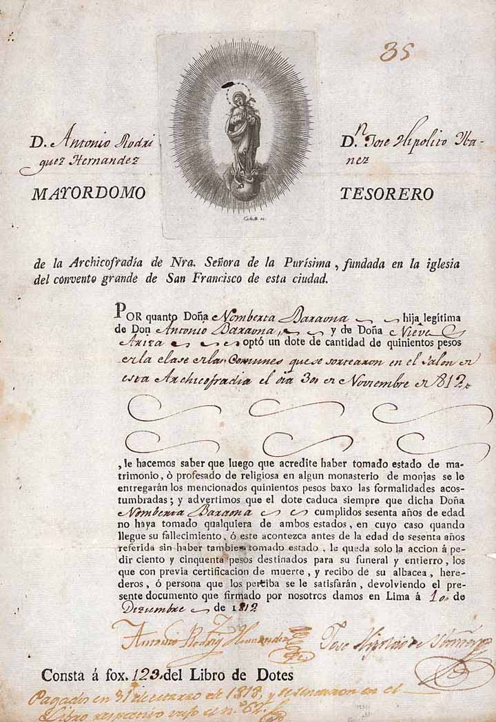 D. Antonio Rodriguez Hernandez Mayordomo, D. Jose Hipolito Ibanez Tesorero de la Archicofradia de Nra. Senora de la Purisima, fundada en la iglesia del convento grande de San Francisco de esta ciudad