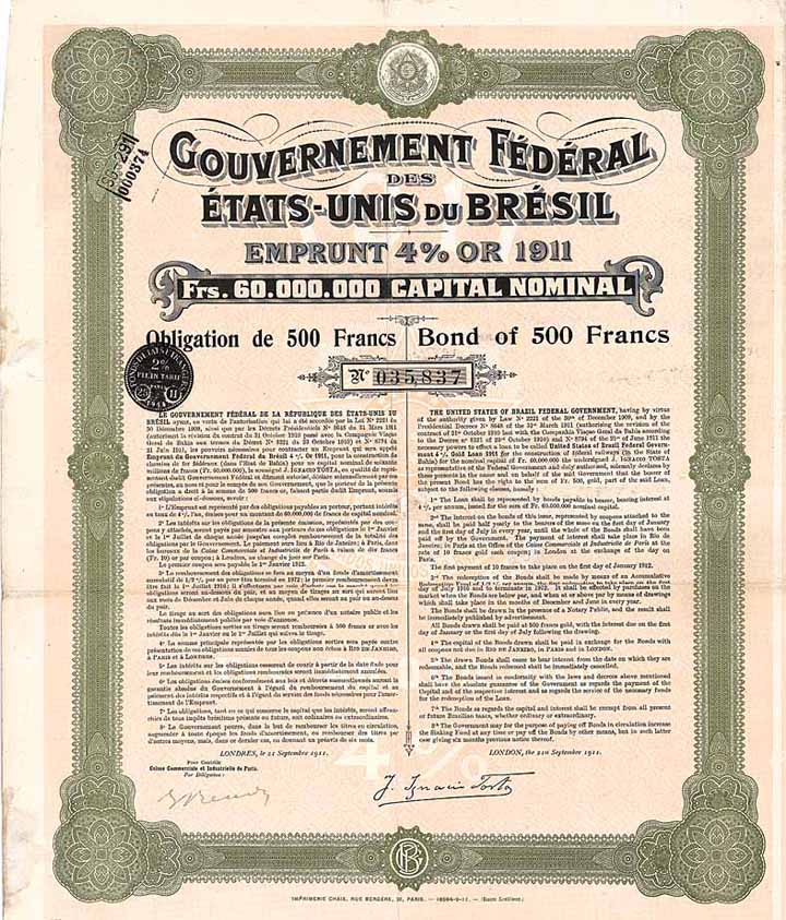 Gouvernement Fédéral des États-Unis du Brésil Emprunt 4 % Or 1911