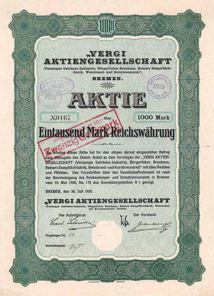 VERGI AG (Vereinigte Getränke-Industrie, Bürgerliches Brauhaus, Reiners Dampflikörfabrik Weinbrand- und Kornbrennerei)