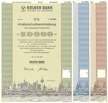 Deutsche Wirtschaftsgeschichte auf Aktien - Kölner Bank von 1867 eG Volksbank - Konvolut (34 DM-Anleihen)