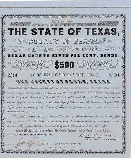 State of Texas - County of Bexar - San Antonio & Mexican Gulf Railroad (Cox BEX-500-B-25)