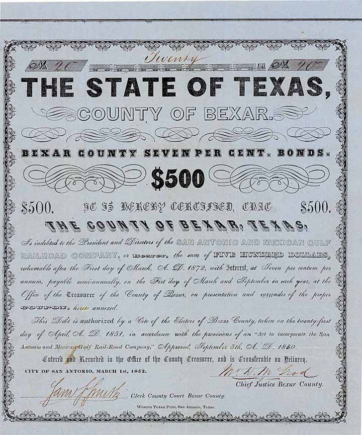 State of Texas - County of Bexar - San Antonio & Mexican Gulf Railroad (Cox BEX-500-B-25)