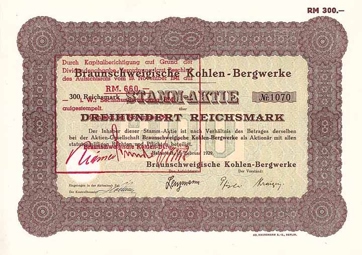 Braunschweigische Kohlen-Bergwerke 1941 umgestempelt 660 RM)