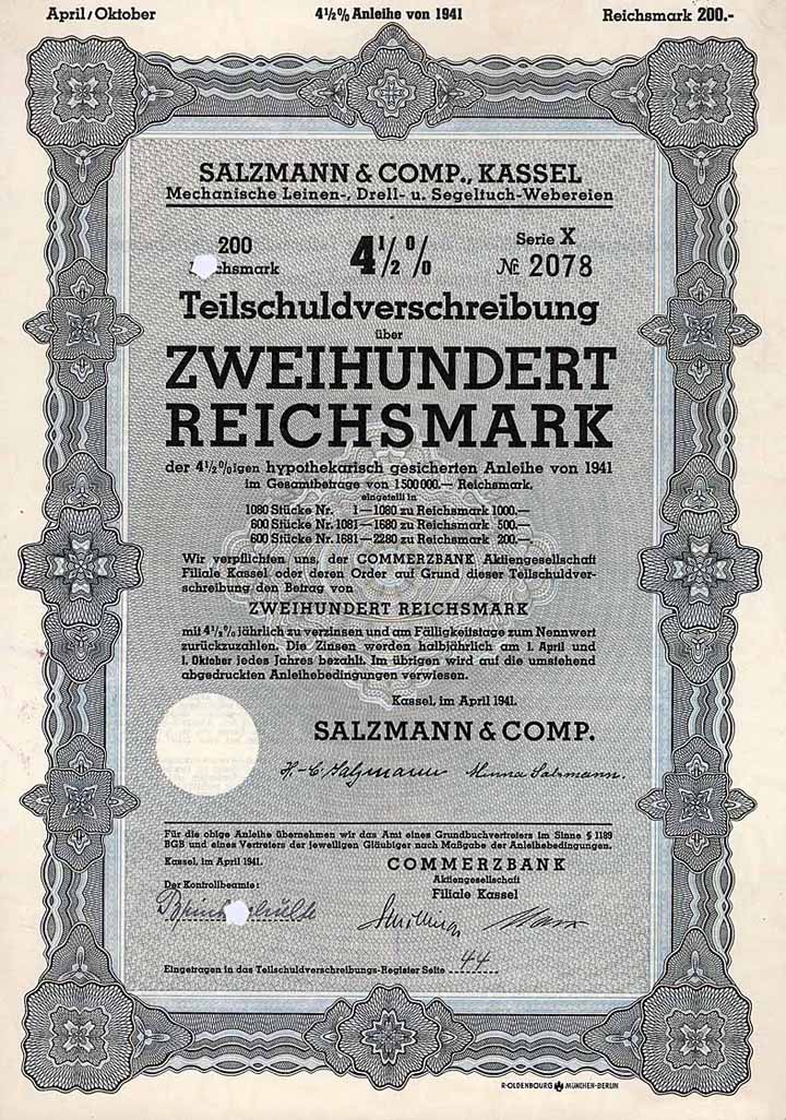 Salzmann & Comp. Mechanische Leinen-, Drell- u. Segeltuch-Webereien (2 Stücke)