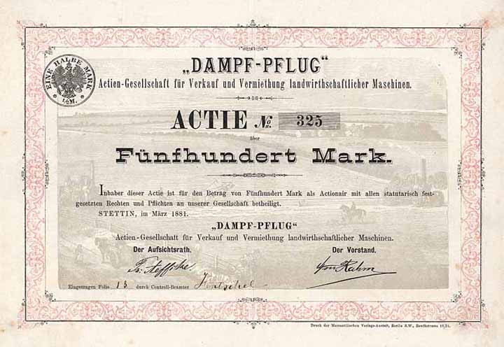 “Dampf-Pflug” AG für Verkauf und Vermiethung landwirthschaftlicher Maschinen