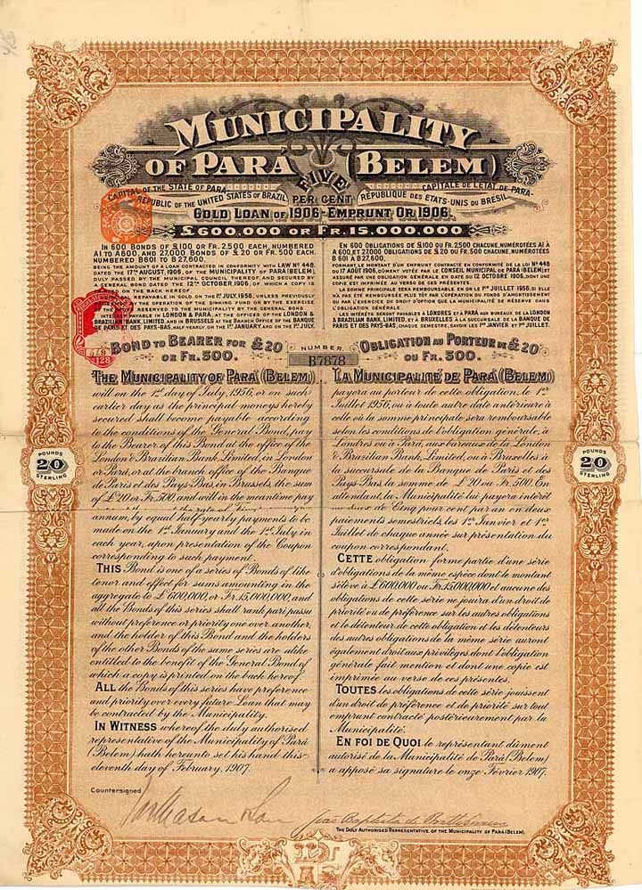 Municipality of Pará (Belem) 5 % Gold Loan of 1906