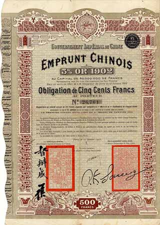 Gouvernement Impérial de Chine - Emprunt Chinois 5 % Or 1902 (Cheng-Tail Railway)