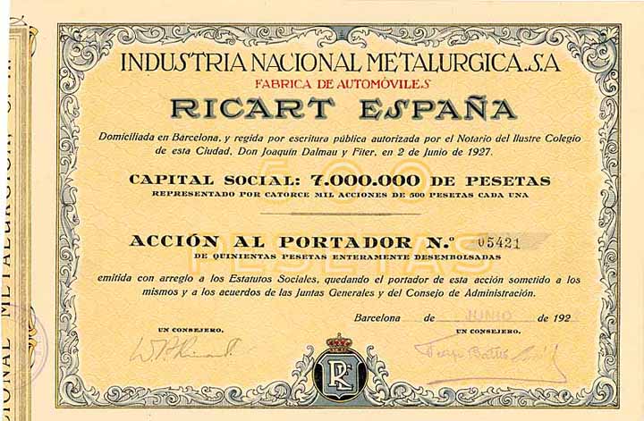 Industrie Nacional Metalurgica S.A. Fabrica de Automóviles RICART ESPANA