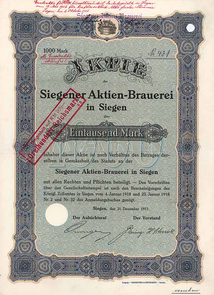 Siegener Aktien-Brauerei (Ersatzurkunde)