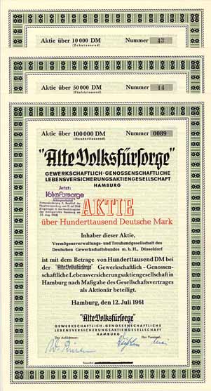 Alte Volksfürsorge Gewerkschaftlich-Genossenschaftliche Lebensversicherungs-AG (3 Stücke)