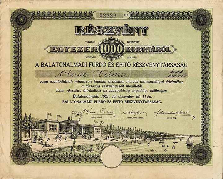 Balatonalmádi fürdö és épitö részvénytársaság (Balatonmadier Bad- und Bau-AG)