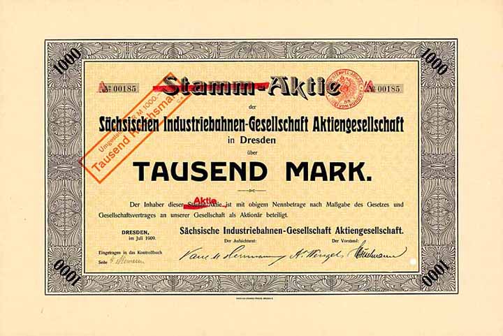 Sächsische Industriebahnen-Gesellschaft AG (überstempelt “Aktie”)