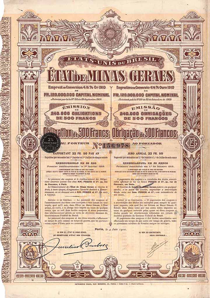 État de Minas Geraes Emprunt de Conversion 4,5 % Or 1910