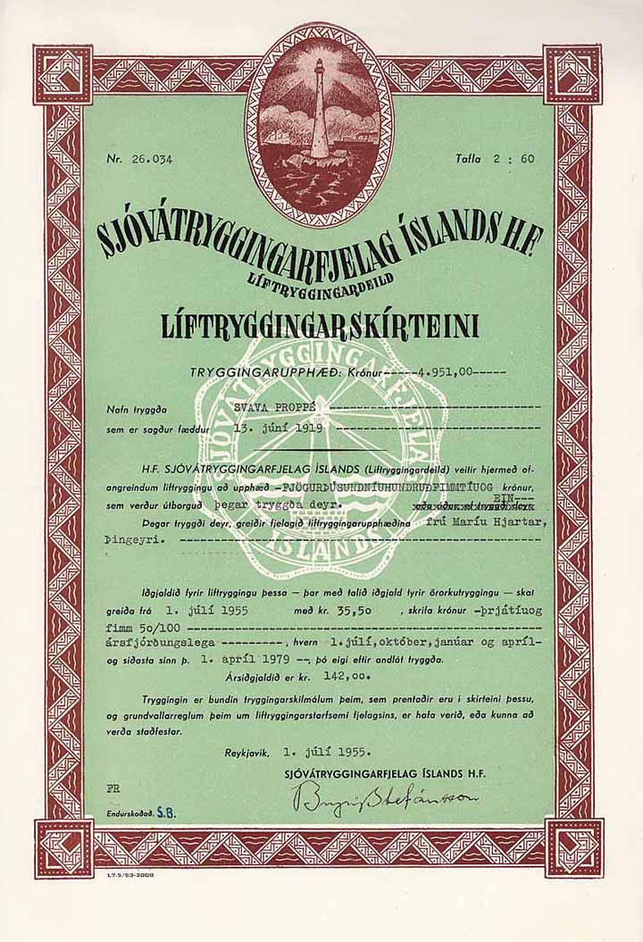 Sjóvátryggingarfjelag Íslands H.F. Liftryggingarskirteini