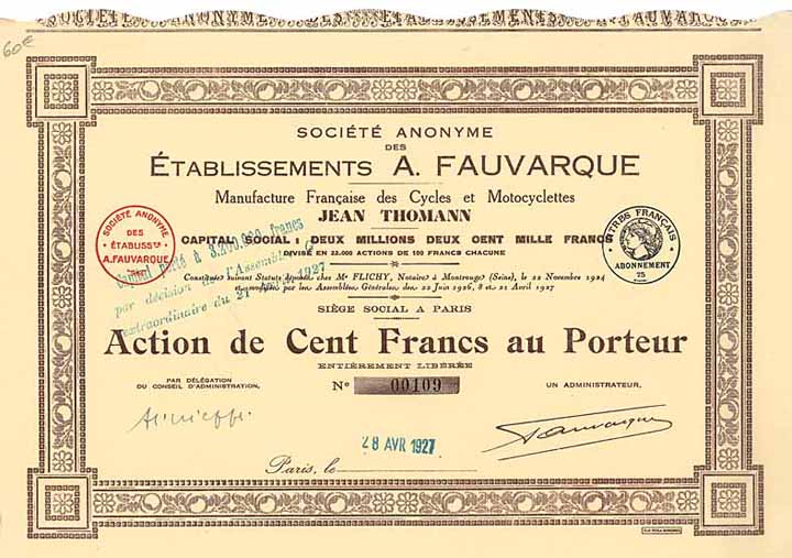 Établissements A. Fauvarque Manufacture Francaise des Cycles & Motocyclettes Jean Thomann S.A.