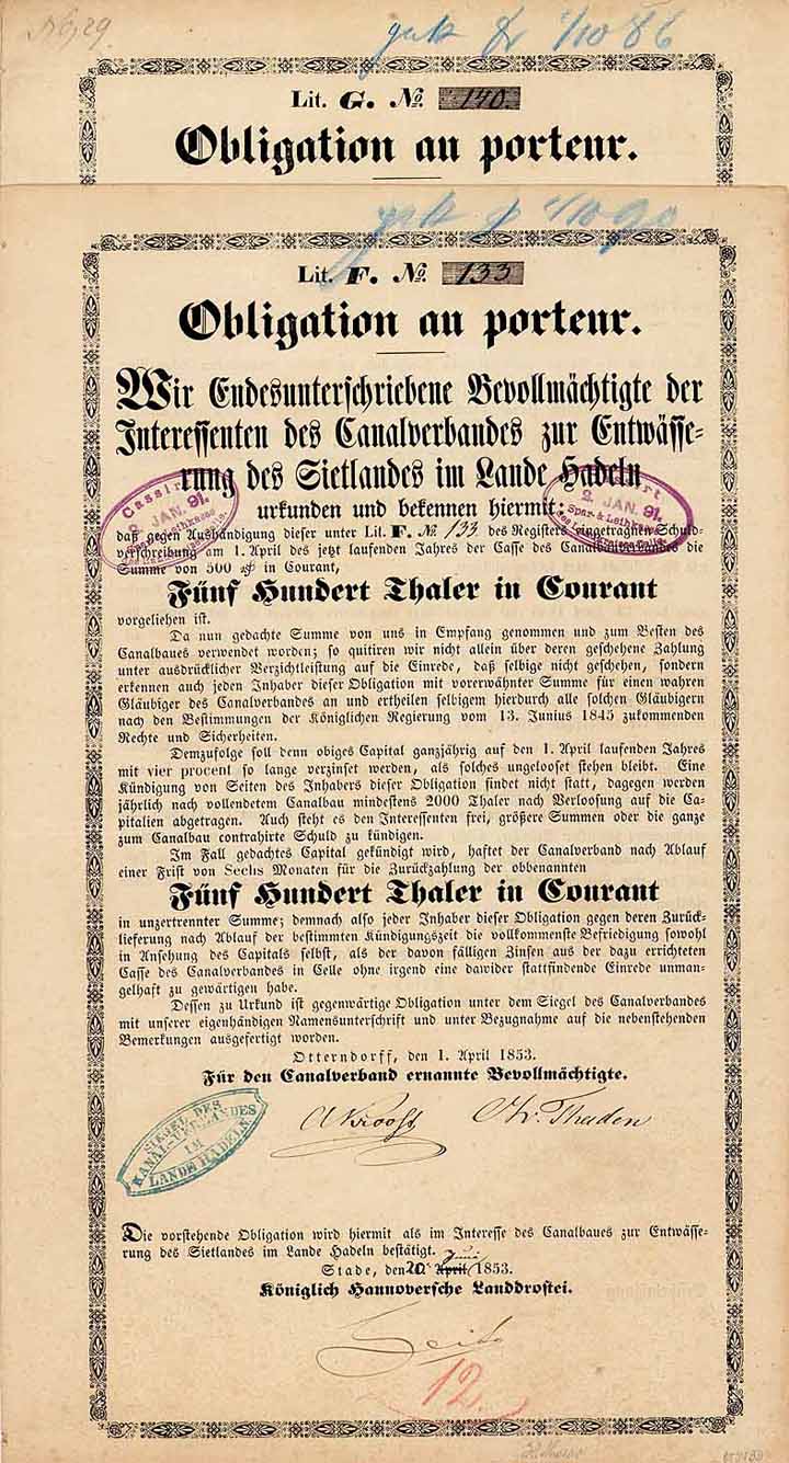 Canalverband zur Entwässerung des Sietlandes im Lande Hadeln (2 Stücke)
