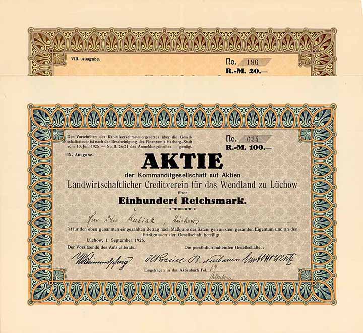 Landwirtschaftlicher Creditverein für das Wendland zu Lüchow (2 Stücke)