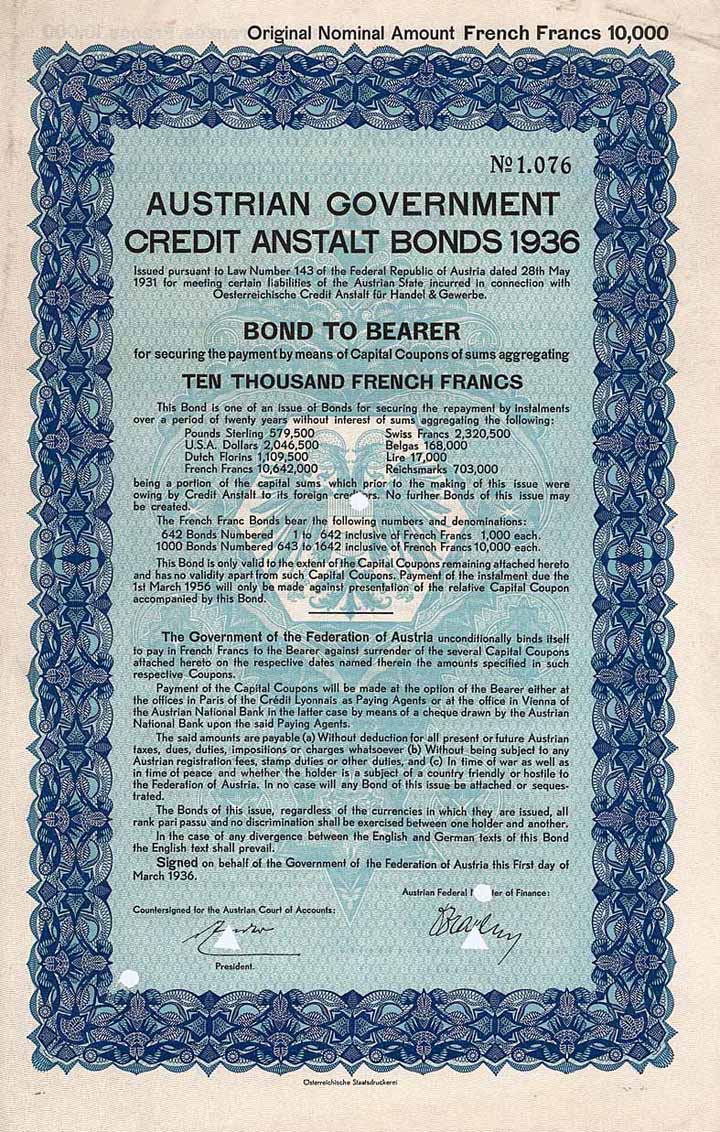 Austrian Government Credit Anstalt (Österreichische Credit-Anstalt)