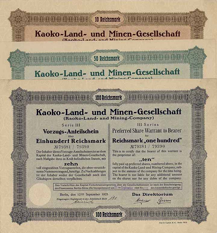 Kaoko-Land- und Minen-Gesellschaft (3 Stücke)