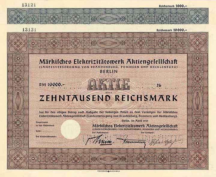 Märkisches Elektrizitätswerk AG (Landesversorgung von Brandenburg, Pommern und Mecklenburg) (2 Stücke)