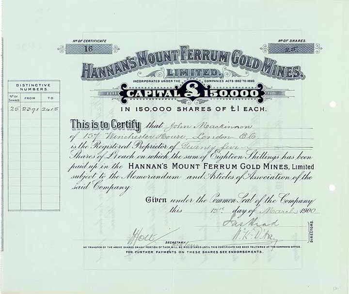 Hannan's Mount Ferrum Gold Mines Ltd.