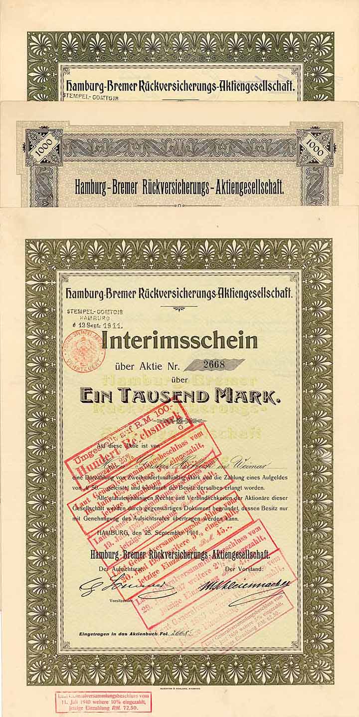 Hamburg-Bremer Rückversicherungs-AG (3 Stücke)