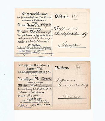 Pensions-Kasse des 58er Vereins (1 Stück) - “Deutsche Welt” Lebensversicherungs AG des kaufmännischen Vereins von 1858 (1 Stück)
