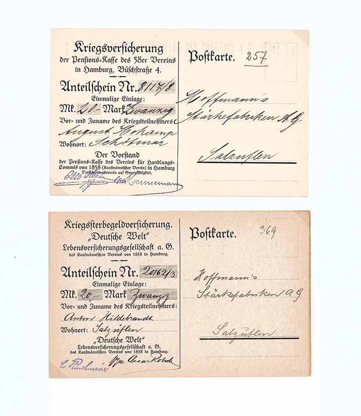 Pensions-Kasse des 58er Vereins (1 Stück) - “Deutsche Welt” Lebensversicherungs AG des kaufmännischen Vereins von 1858 (1 Stück)