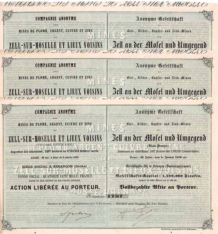 Anonyme Gesellschaft der Blei-, Silber-, Kupfer- und Zink-Minen Zell an der Mosel und Umgegend (6 Stücke)