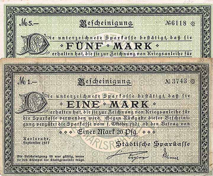 Städtische Sparkasse Karlsruhe - 2 Kriegsanleihen