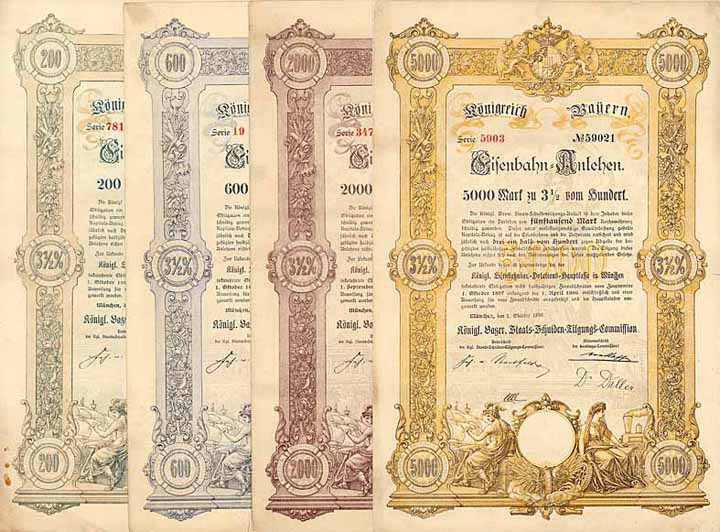 Königreich Bayern, Eisenbahn-Anlehen (4 Stücke)