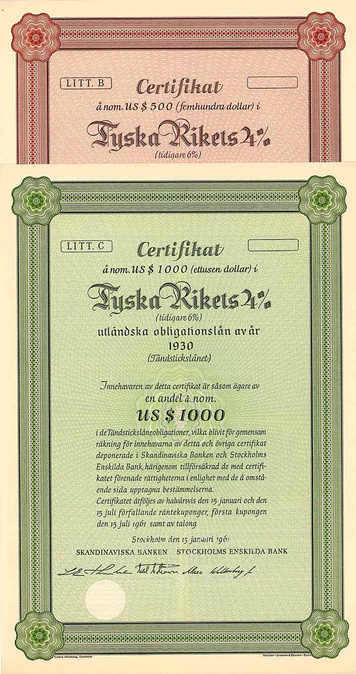 Deutsches Reich - Zündholzanleihe von 1930 (2 Stücke)