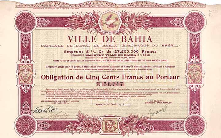 Ville de Bahia Emprunt Or 5 % 1912