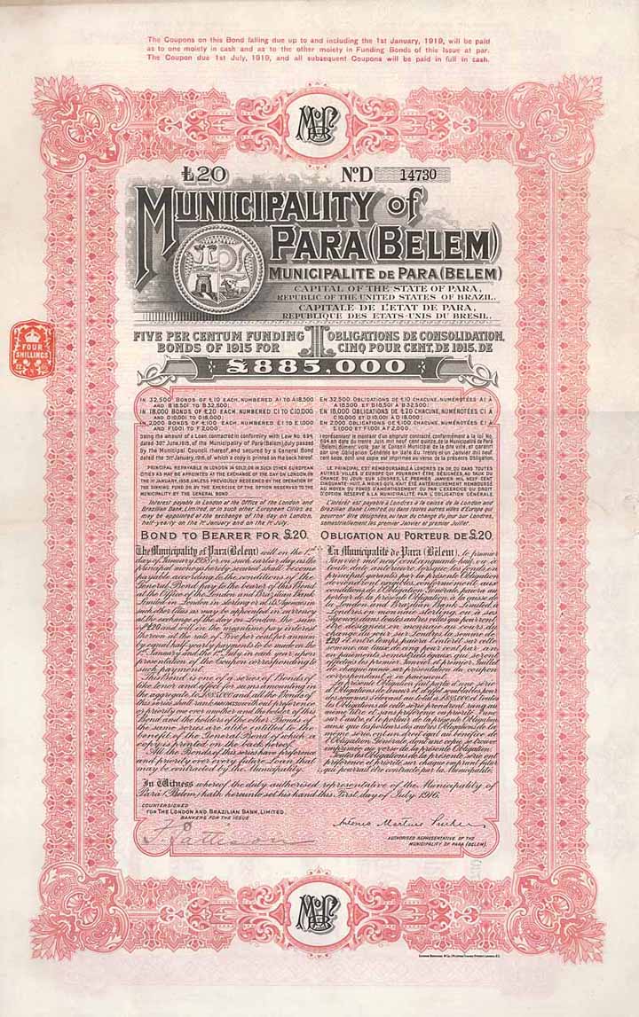 Municipality of Pará (Belem) 5 % Funding Bonds of 1915