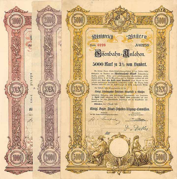Königreich Bayern, Eisenbahn-Anlehen (3 Stücke)