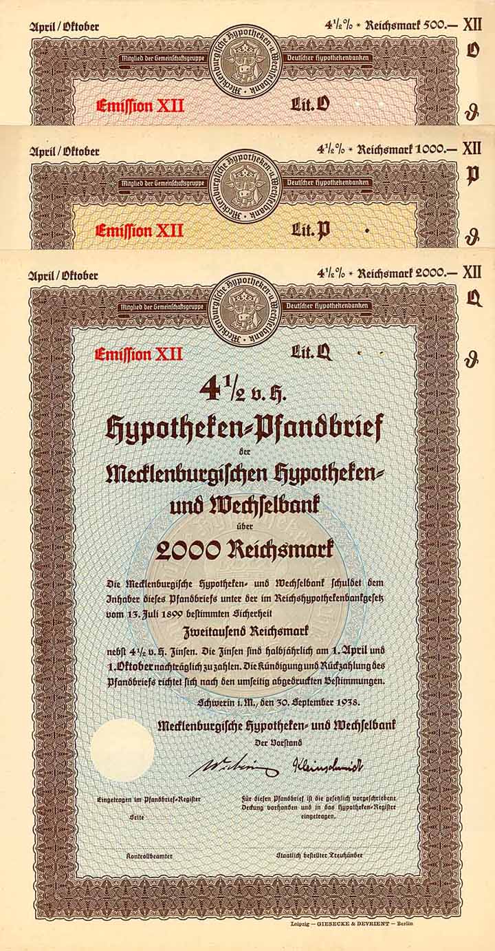 Mecklenburgische Hypotheken- und Wechselbank (3 Stücke)